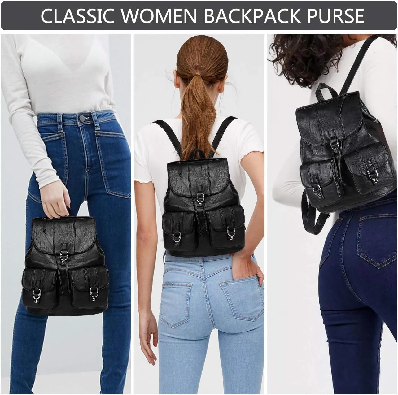 VASCHY Mini Backpack Purse for Women, Fashion Faux Leather Buckle Flap Drawstring Backpack for College with Two Front Pockets Black