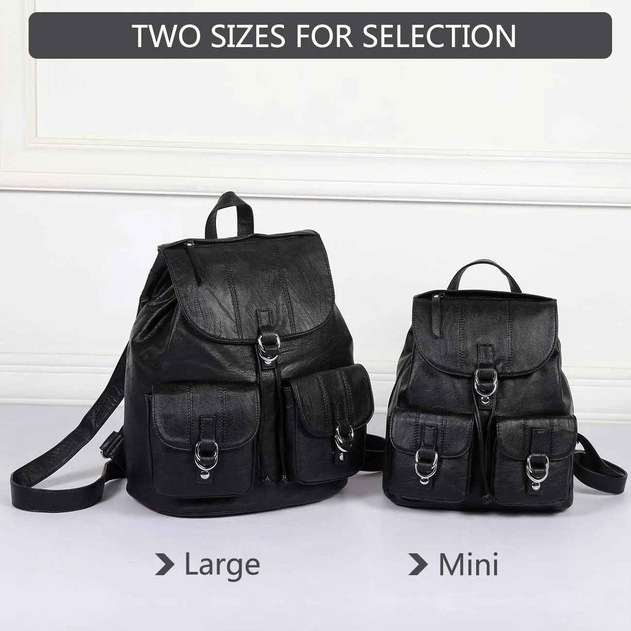VASCHY Mini Backpack Purse for Women, Fashion Faux Leather Buckle Flap Drawstring Backpack for College with Two Front Pockets Black