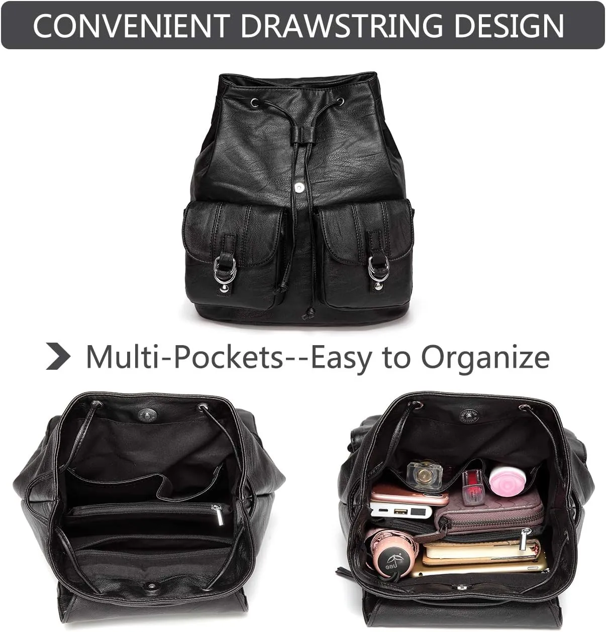 VASCHY Mini Backpack Purse for Women, Fashion Faux Leather Buckle Flap Drawstring Backpack for College with Two Front Pockets Black