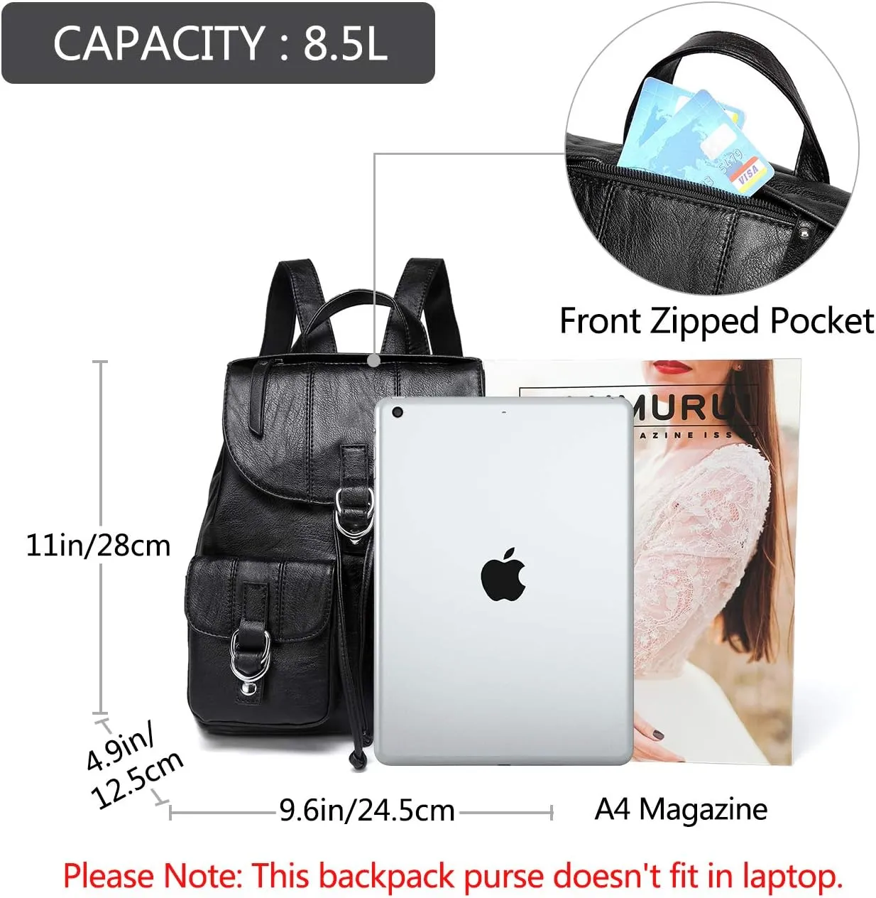 VASCHY Mini Backpack Purse for Women, Fashion Faux Leather Buckle Flap Drawstring Backpack for College with Two Front Pockets Black