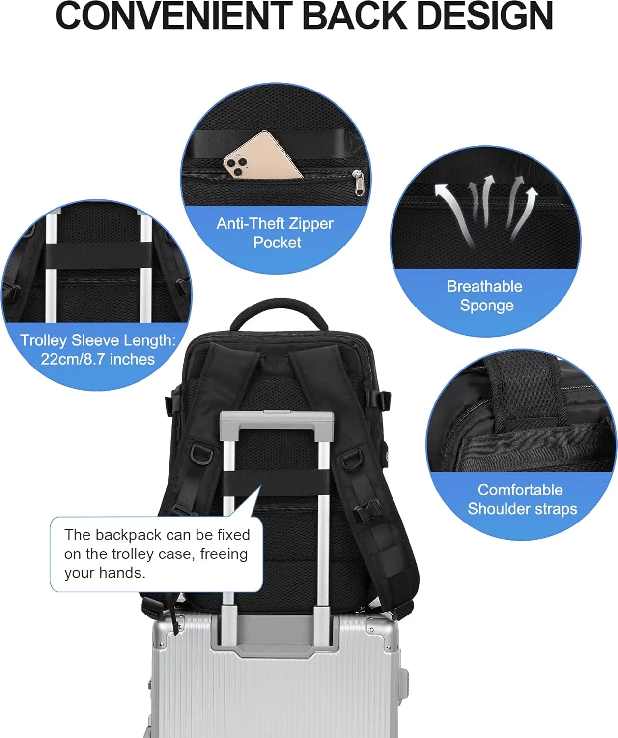 VECAVE Carry On Backpack for Women,Large Travel Backpack Flight Approved,Waterproof 17 Inch Laptop Backpack Business Work Backpacks Men Mochila De Viaje Black