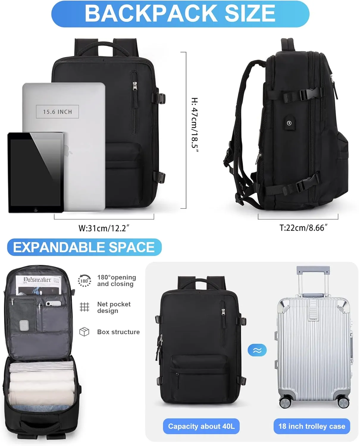 VECAVE Carry On Backpack for Women,Large Travel Backpack Flight Approved,Waterproof 17 Inch Laptop Backpack Business Work Backpacks Men Mochila De Viaje Black