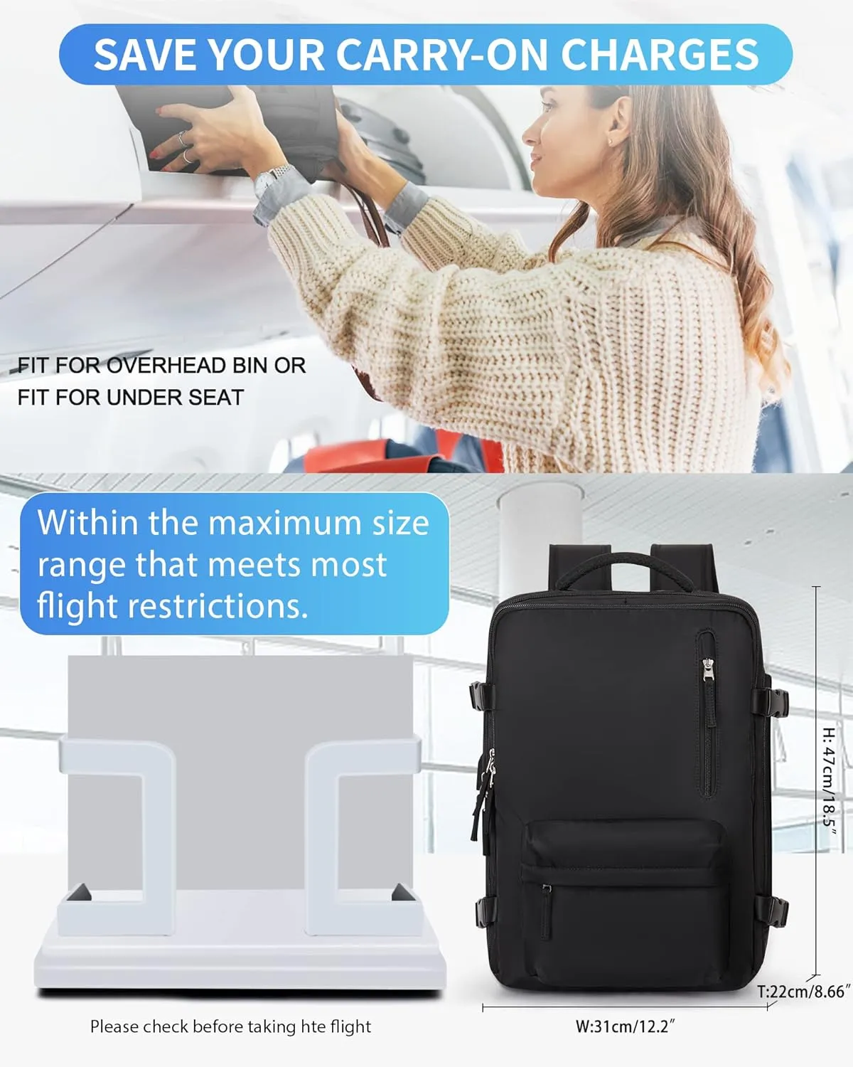 VECAVE Carry On Backpack for Women,Large Travel Backpack Flight Approved,Waterproof 17 Inch Laptop Backpack Business Work Backpacks Men Mochila De Viaje Black