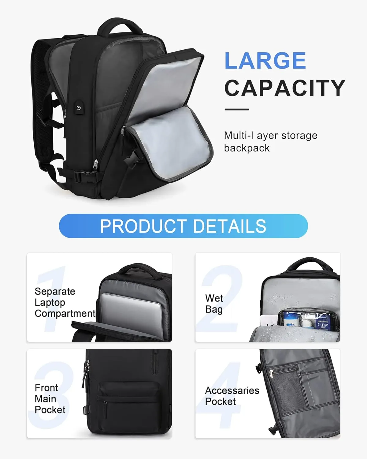 VECAVE Carry On Backpack for Women,Large Travel Backpack Flight Approved,Waterproof 17 Inch Laptop Backpack Business Work Backpacks Men Mochila De Viaje Black