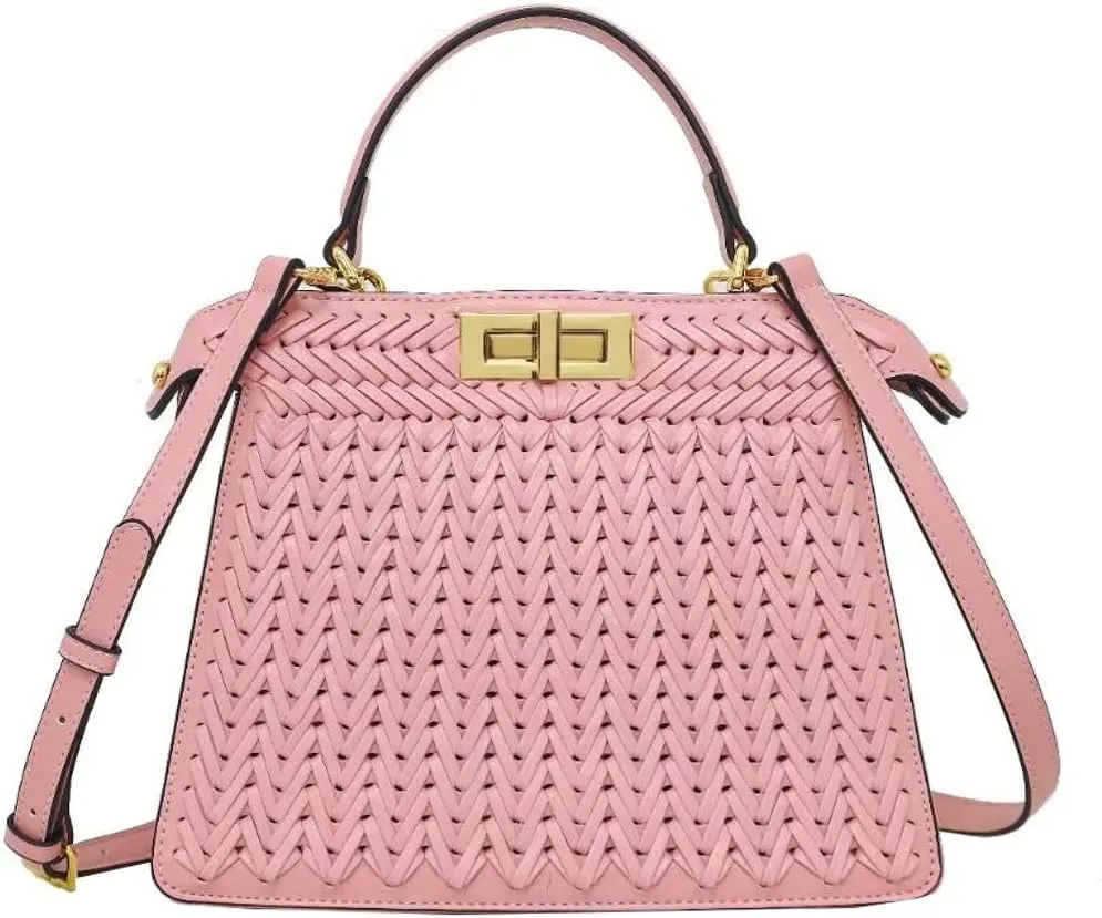 Vegan Leather Tote Bags for Women Woven Small Crossbody Shoulder Purse Trendy Top Handle Handbags Buckle Satchels