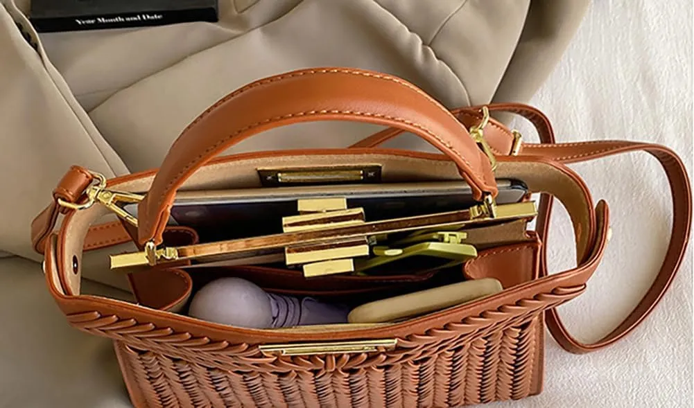 Vegan Leather Tote Bags for Women Woven Small Crossbody Shoulder Purse Trendy Top Handle Handbags Buckle Satchels