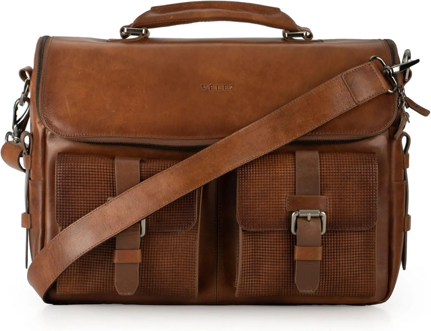 VELEZ Tan Full Grain Leather Messenger Bag for Men - 15" Laptop Briefcase - Mens Vintage Business Crossbody Computer Bags