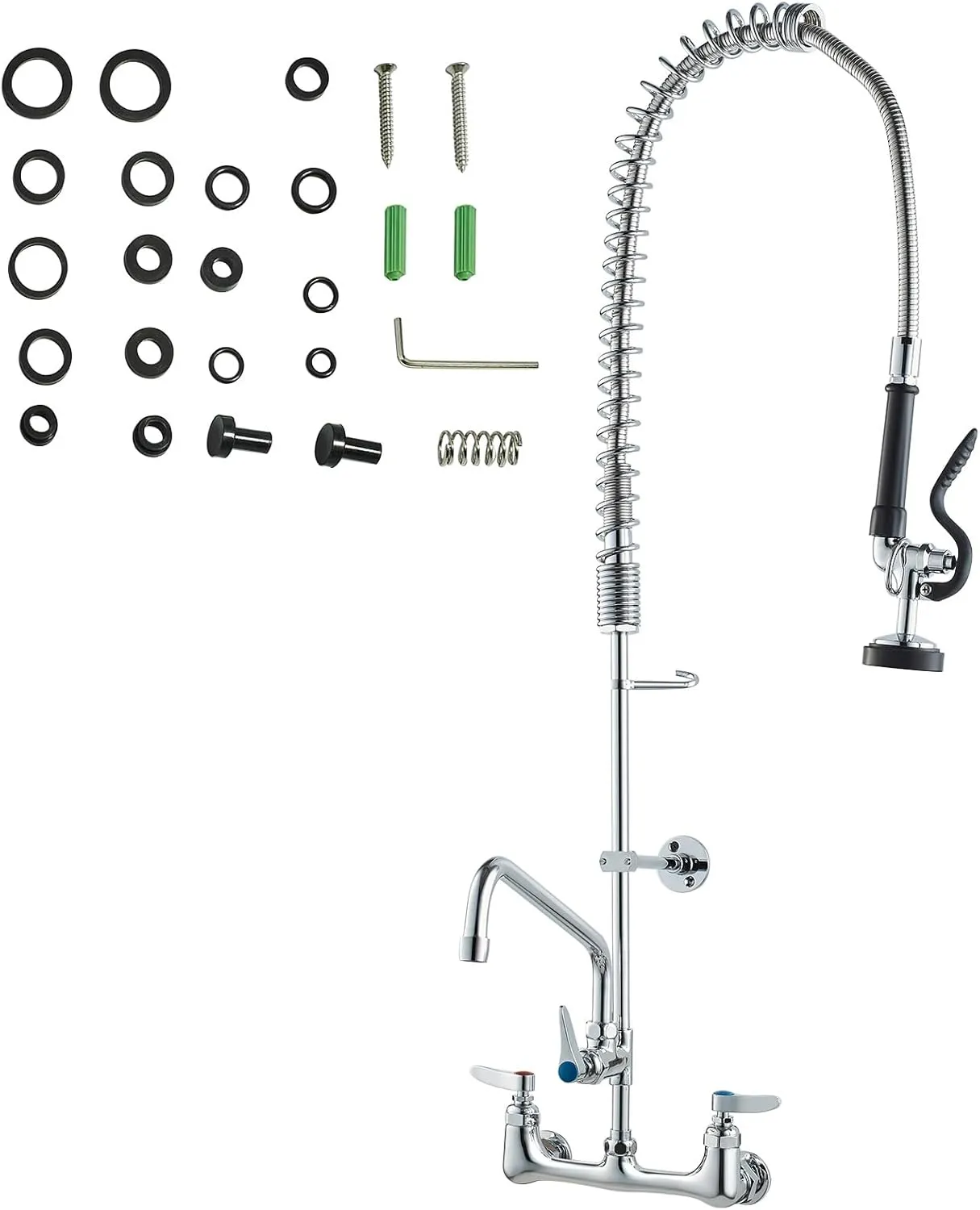 VEVOR Commercial Faucet with Pre-Rinse Sprayer, 36" Height, 8" Center, 12" Swing Spout, Wall Mount Kitchen Sink Faucet, Brass Constructed Device with Pull Down Spray, for 1/2/3 Compartment Sink