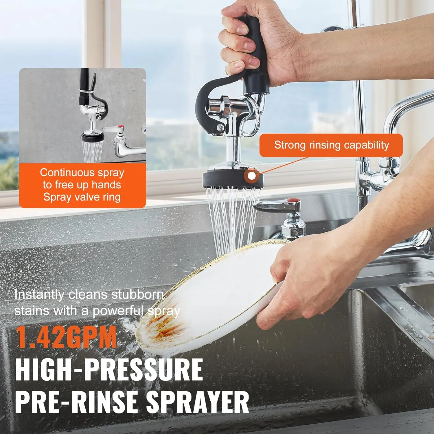 VEVOR Commercial Faucet with Pre-Rinse Sprayer, 36" Height, 8" Center, 12" Swing Spout, Wall Mount Kitchen Sink Faucet, Brass Constructed Device with Pull Down Spray, for 1/2/3 Compartment Sink