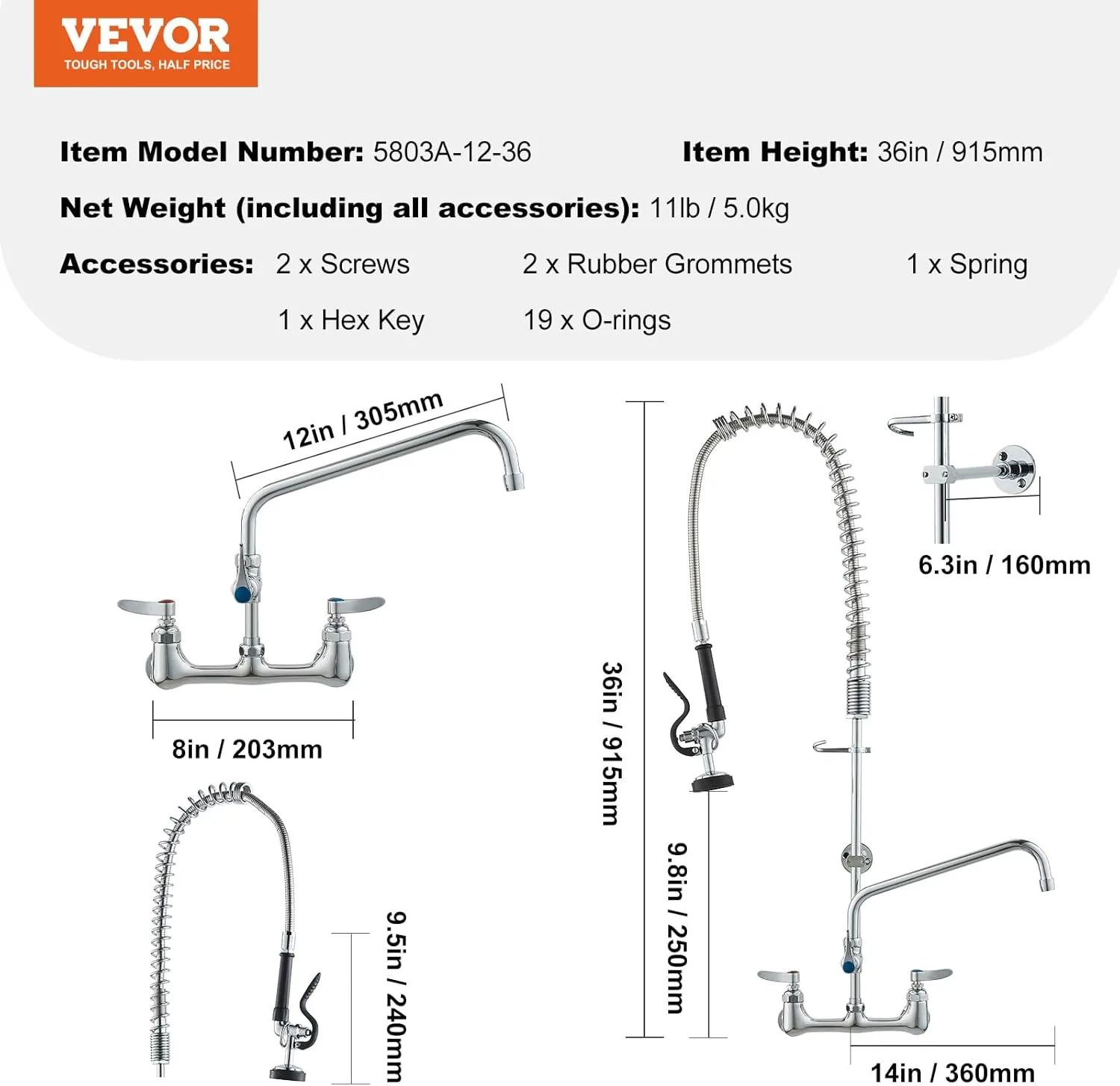 VEVOR Commercial Faucet with Pre-Rinse Sprayer, 36" Height, 8" Center, 12" Swing Spout, Wall Mount Kitchen Sink Faucet, Brass Constructed Device with Pull Down Spray, for 1/2/3 Compartment Sink