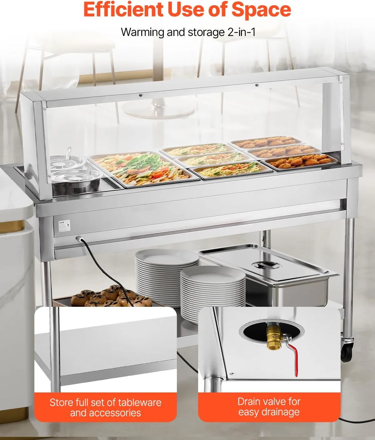 VEVOR Commercial Food Warmer, 7 Pans   2 Pots Electric Steam Table, 1800W Professional Buffet Catering Food Warmer with Shield Undershelf Wheels, Stainless Steel Server for Party Restaurant Hotel
