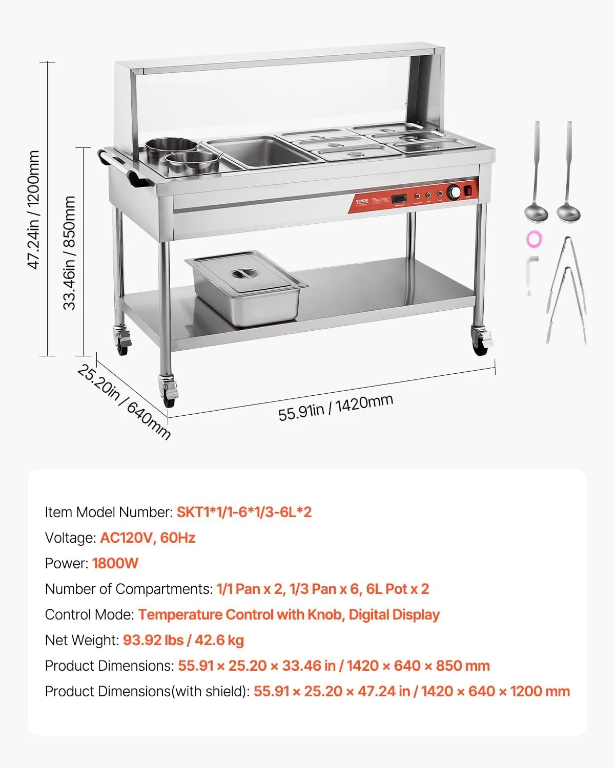 VEVOR Commercial Food Warmer, 7 Pans   2 Pots Electric Steam Table, 1800W Professional Buffet Catering Food Warmer with Shield Undershelf Wheels, Stainless Steel Server for Party Restaurant Hotel