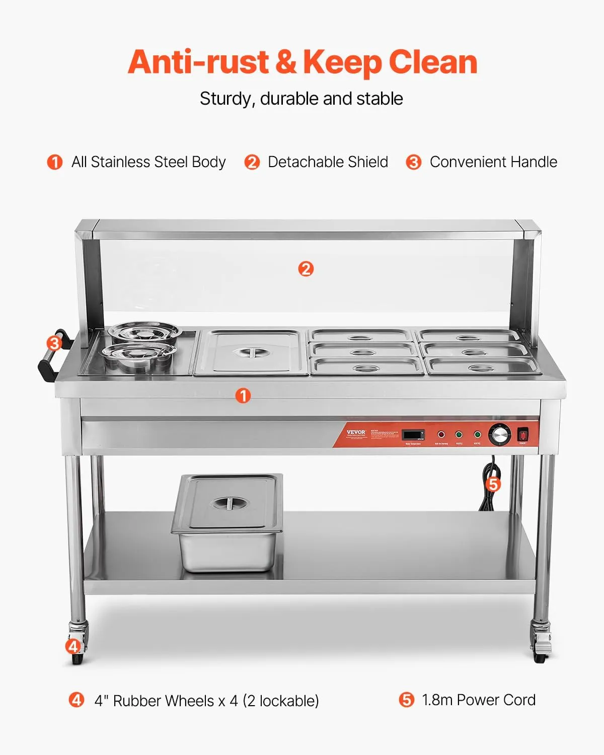 VEVOR Commercial Food Warmer, 7 Pans   2 Pots Electric Steam Table, 1800W Professional Buffet Catering Food Warmer with Shield Undershelf Wheels, Stainless Steel Server for Party Restaurant Hotel