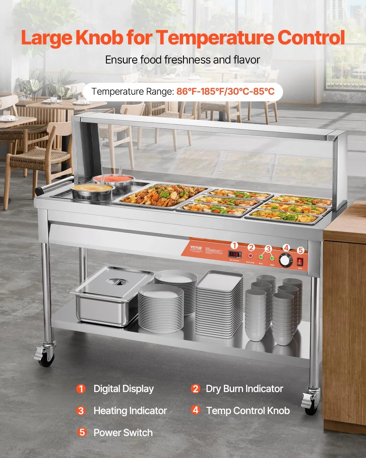 VEVOR Commercial Food Warmer, 7 Pans   2 Pots Electric Steam Table, 1800W Professional Buffet Catering Food Warmer with Shield Undershelf Wheels, Stainless Steel Server for Party Restaurant Hotel