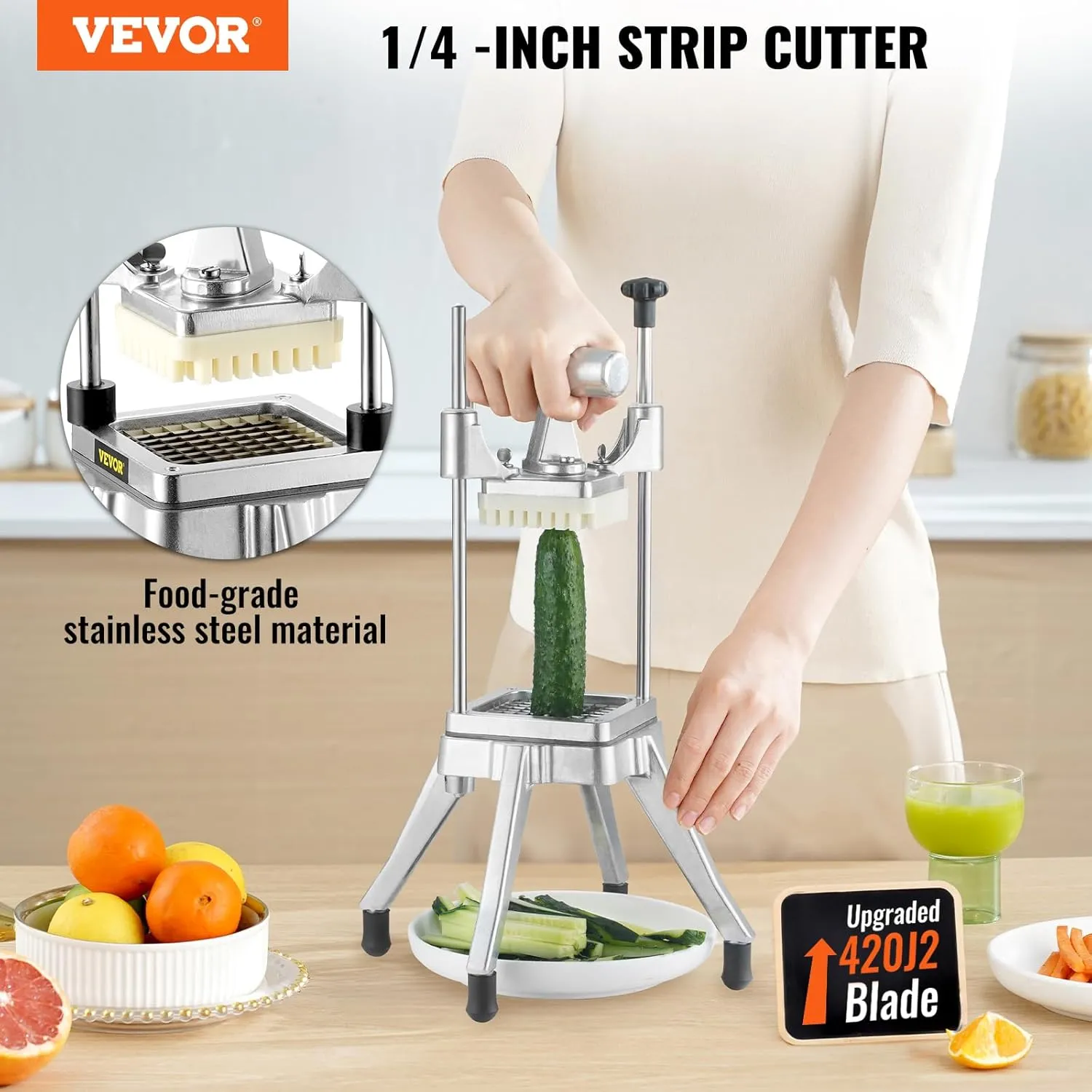 VEVOR Commercial Vegetable Fruit Chopper 1/4" Blade Heavy Duty Professional Food Dicer Kattex French Fry Cutter Onion Slicer Stainless Steel for Tomato Peppers Potato Mushroom