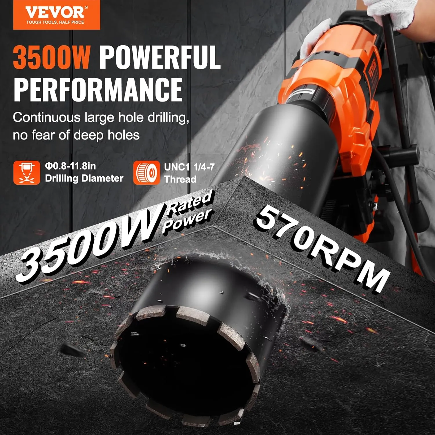 VEVOR Core Drill Machine, 0.8-11.8in Drilling Diameter Diamond Core Drill Rig with Stand and Core Drill Bit, 3500W Rugged Concrete Core Drill, Wet and Dry Use, For Concrete, Brick, Marble