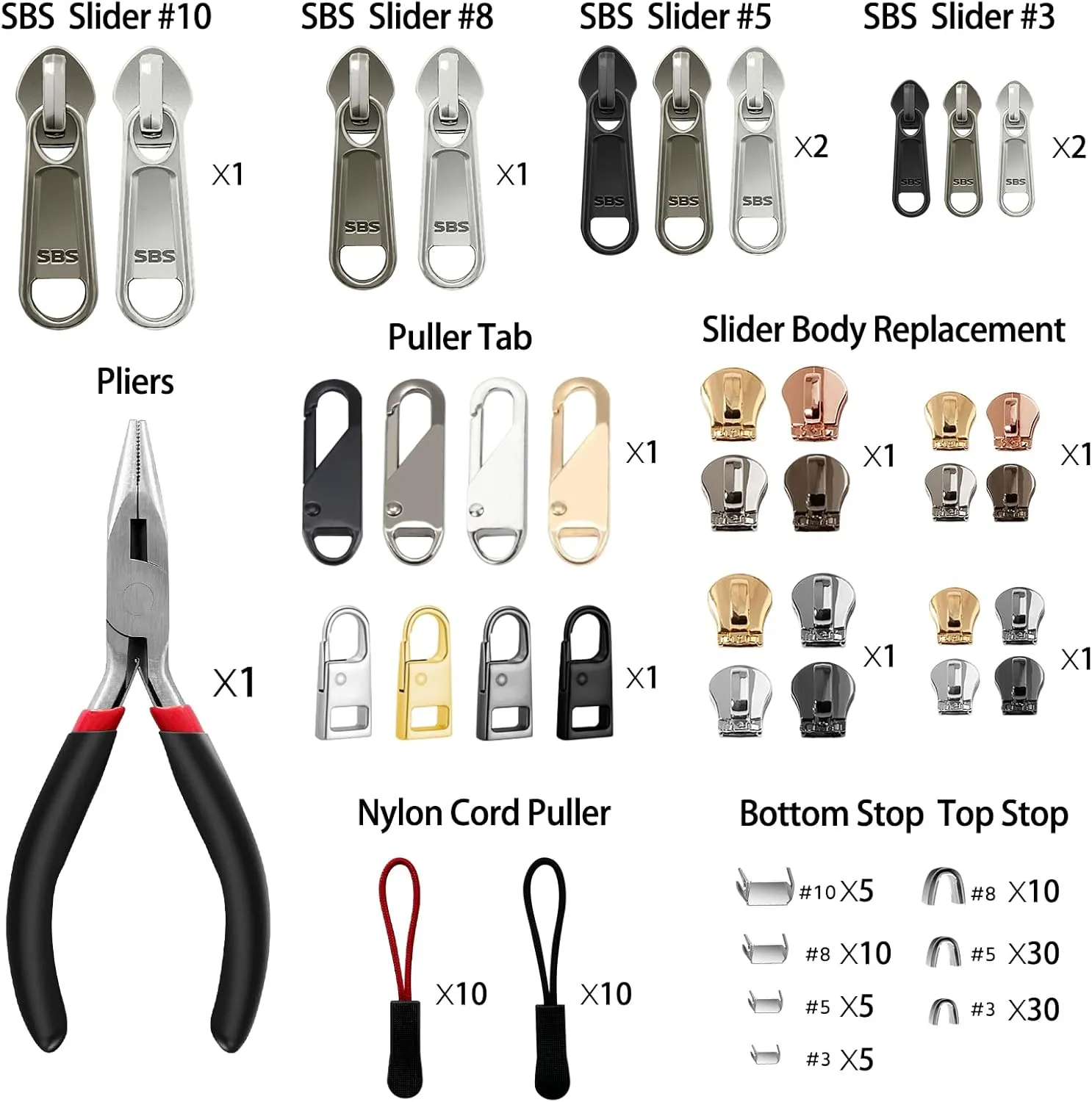 VICHERIA Zipper Repair Kit (188 Pcs), Replacement Zipper Pull, Zippers Fix Repair Kit for Bags, Luggage, Coats, Boot, Sleeping Bag, Metal, Plastic & Nylon Coil Zippers