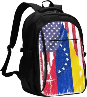 Vintage American Venezuelan Venezuela Flag Business Laptop Backpack Travel Backpacks Outdoor Rucksack Large Bag Daypack with USB Charging Port Multi-Pocket for Hiking Camping