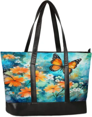 Vintage Butterfly Flower Laptop Tote Bag for Women Lightweight Work Purse with Multiple Compartments Fits 13-15.6 Inch Laptop Tablet Shoulder Bag for Office Travel Daily Use