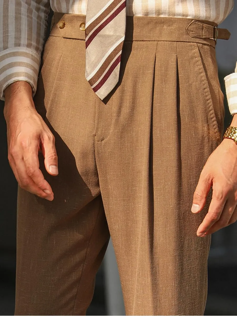 Vintage Men's Linen Casual Pants Relaxed Fit Spring Cotton Trousers with Adjustable Waistband