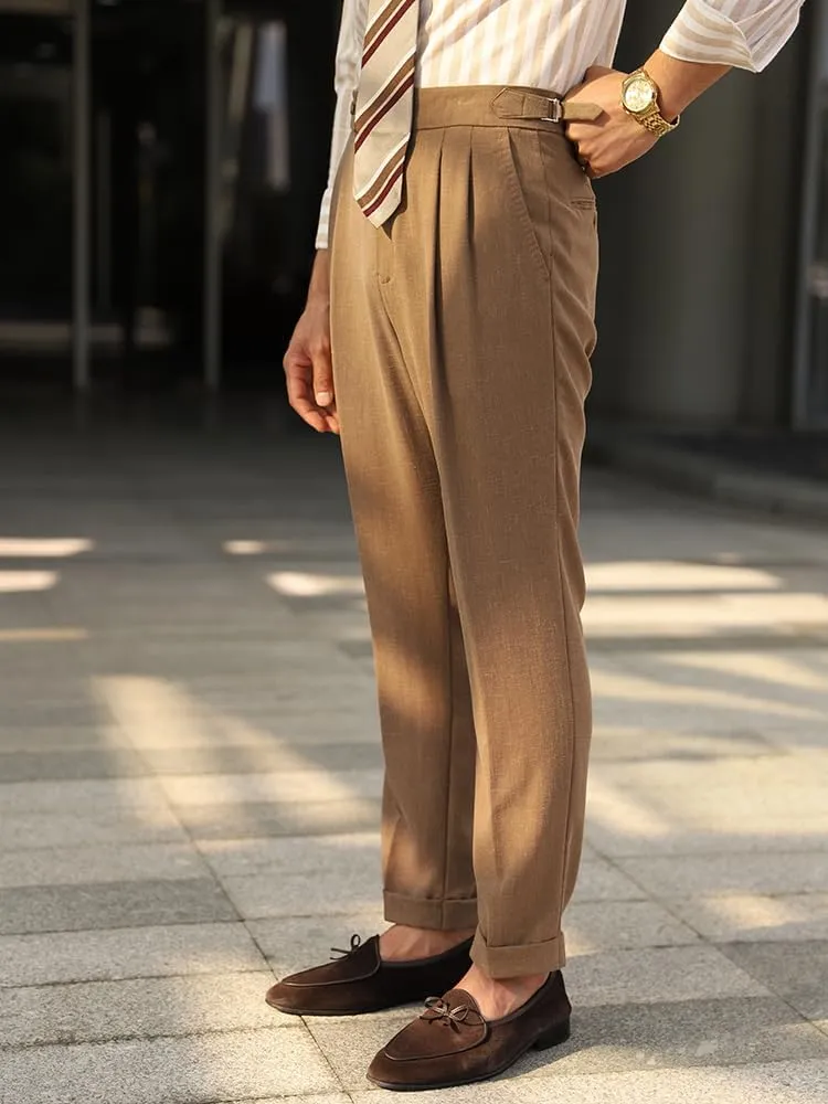 Vintage Men's Linen Casual Pants Relaxed Fit Spring Cotton Trousers with Adjustable Waistband