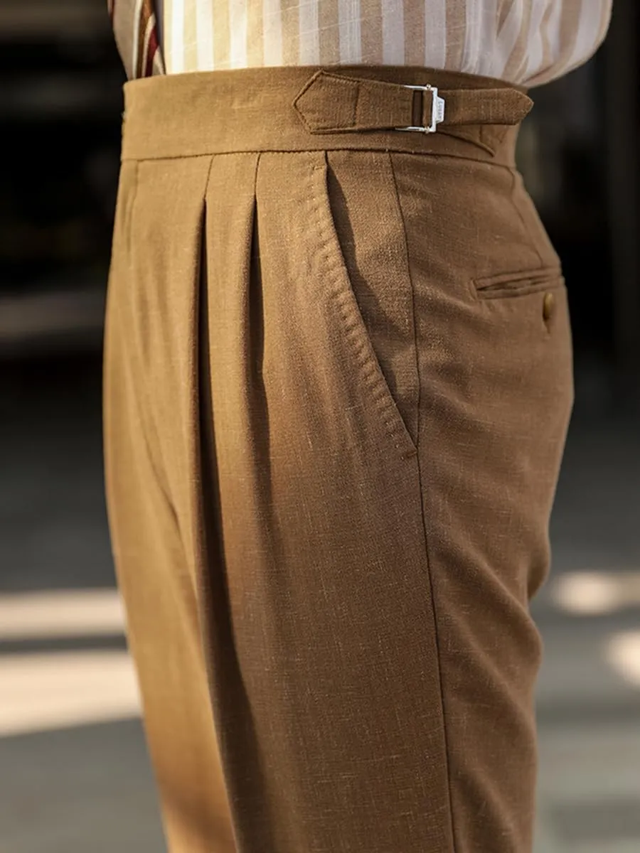 Vintage Men's Linen Casual Pants Relaxed Fit Spring Cotton Trousers with Adjustable Waistband