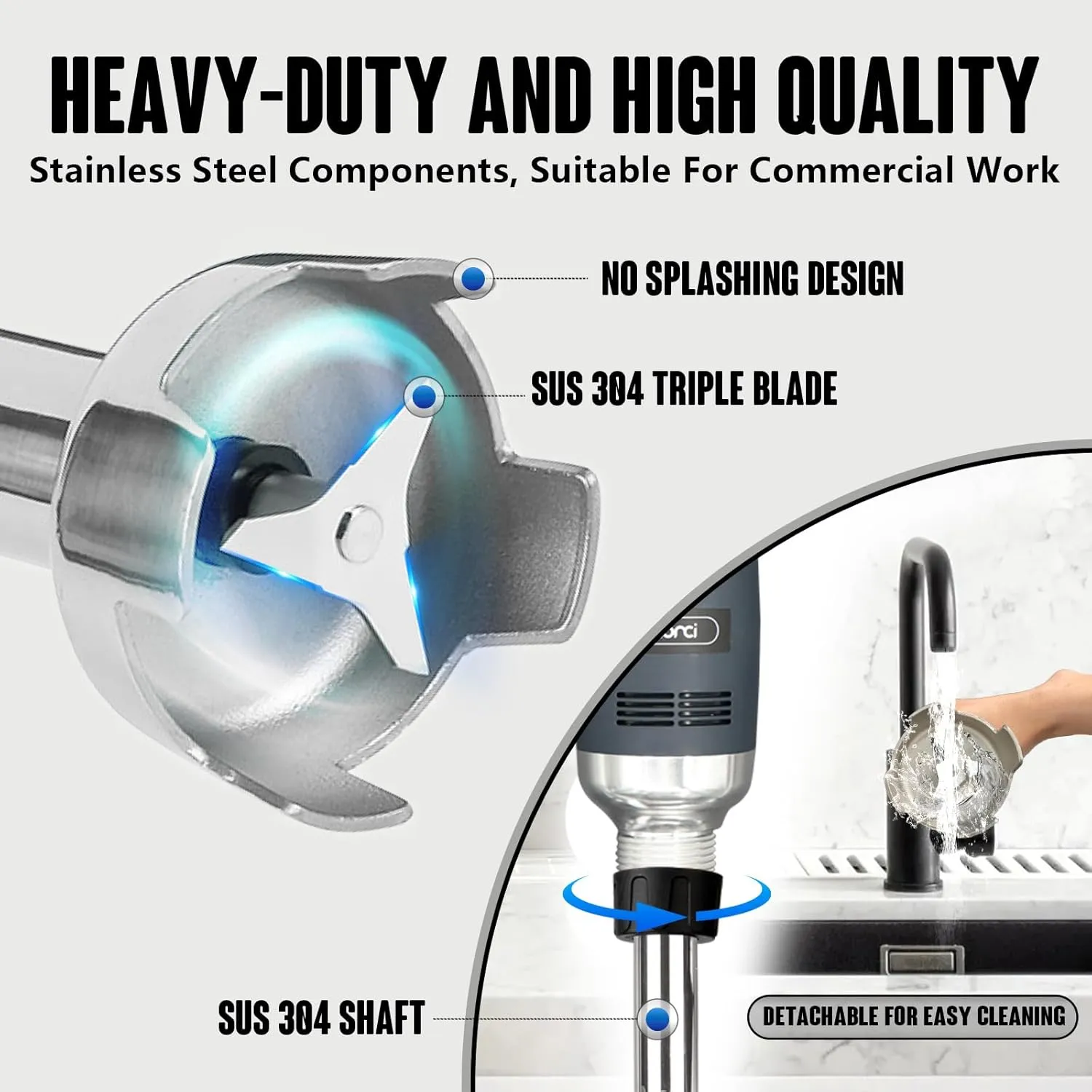 VONCI 500W Commercial Immersion Blender, 16" SUS 304 Removable Shaft, Heavy Duty Power Hand Mixer with Variable Speed 6000-20000RPM, Professional Electric Stick Blender for Restaurant Kitchen Use.