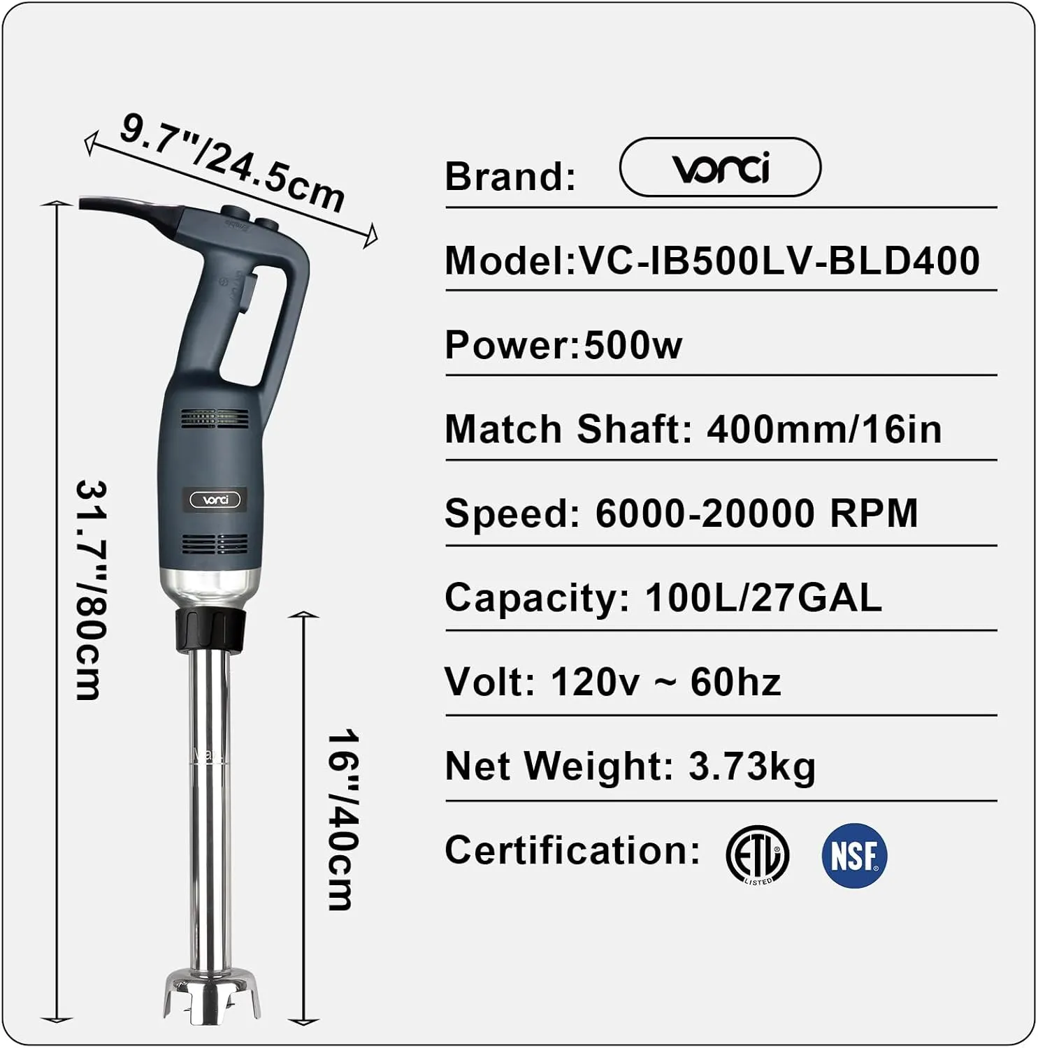 VONCI 500W Commercial Immersion Blender, 16" SUS 304 Removable Shaft, Heavy Duty Power Hand Mixer with Variable Speed 6000-20000RPM, Professional Electric Stick Blender for Restaurant Kitchen Use.