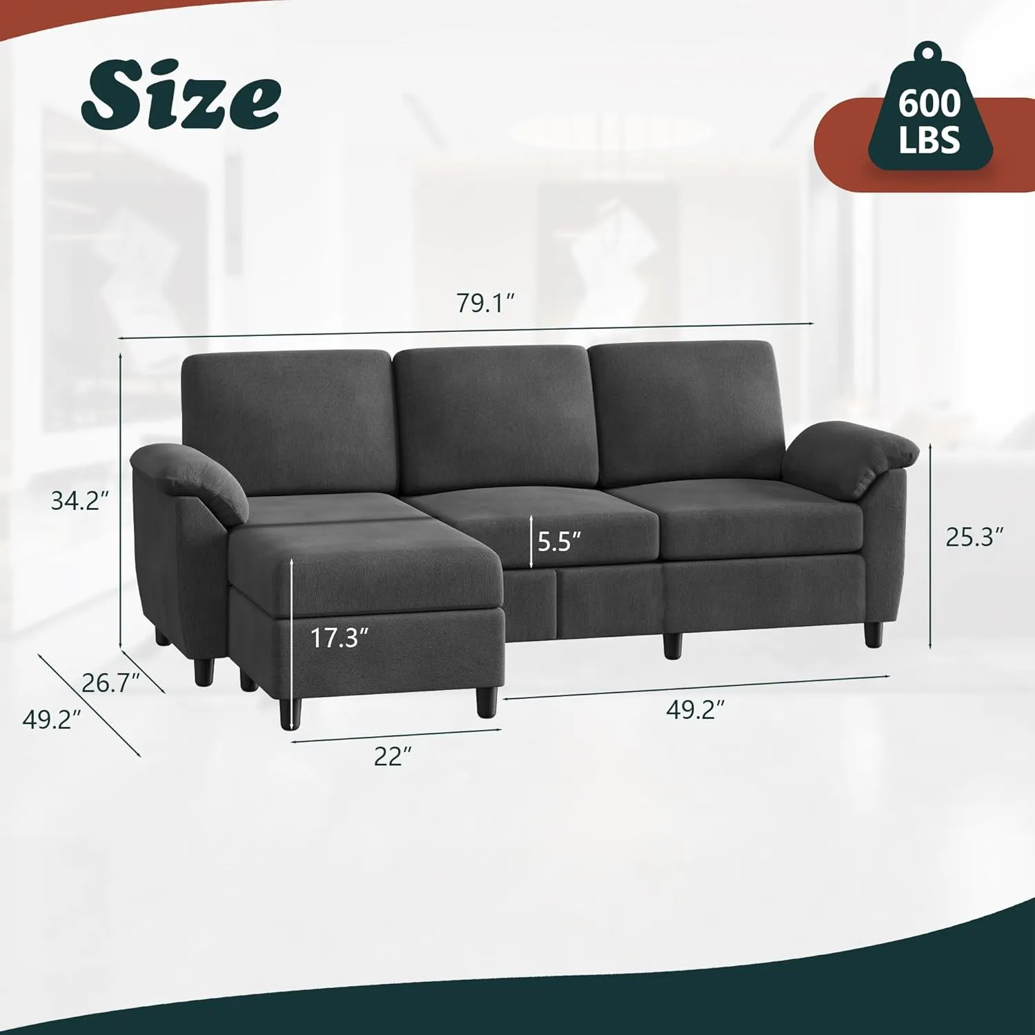 Vongrasig 79" Convertible Sectional Sofa Couch, 3 Seat L Shaped Sofa with Removable Pillows Linen Fabric Small Couches Mid Century for Living Room, Apartment and Office (Black)