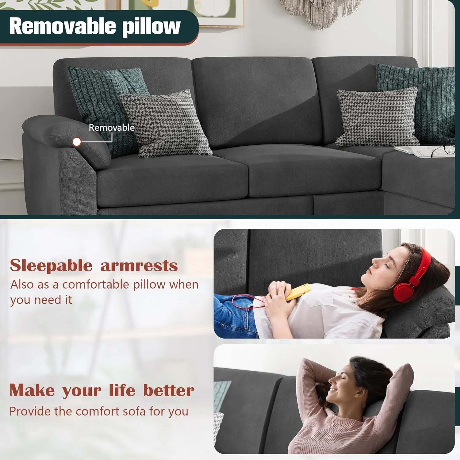 Vongrasig 79" Convertible Sectional Sofa Couch, 3 Seat L Shaped Sofa with Removable Pillows Linen Fabric Small Couches Mid Century for Living Room, Apartment and Office (Black)