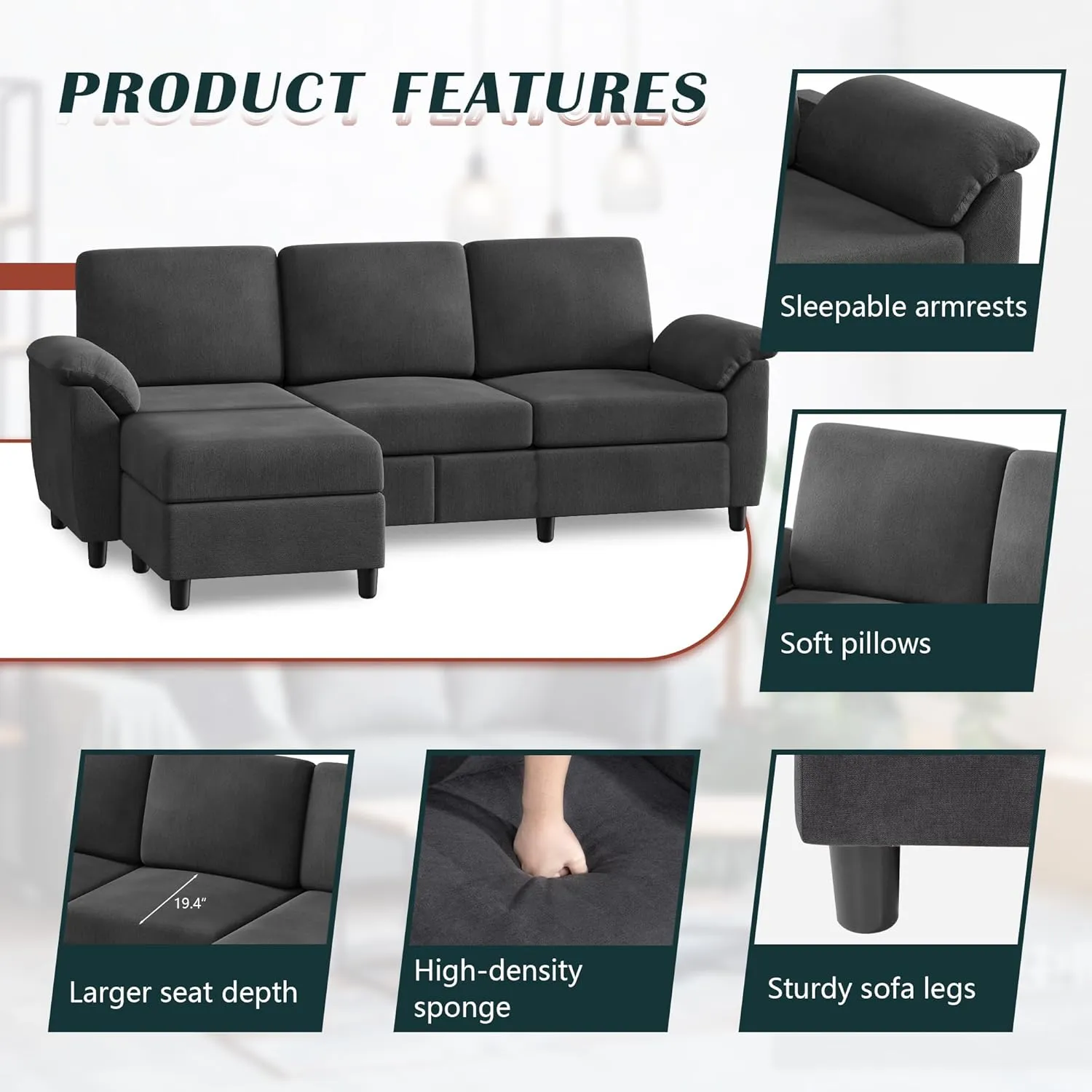 Vongrasig 79" Convertible Sectional Sofa Couch, 3 Seat L Shaped Sofa with Removable Pillows Linen Fabric Small Couches Mid Century for Living Room, Apartment and Office (Black)
