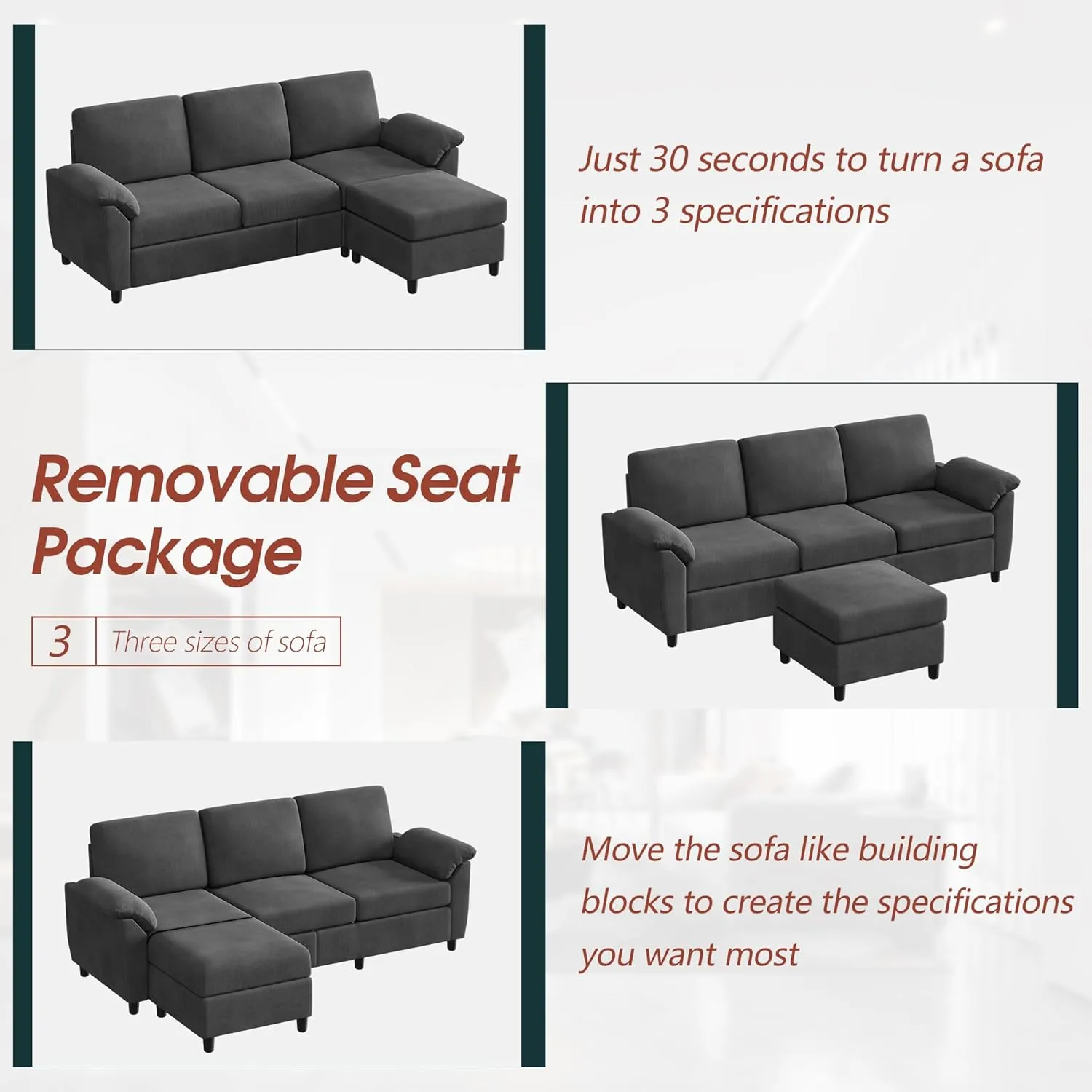 Vongrasig 79" Convertible Sectional Sofa Couch, 3 Seat L Shaped Sofa with Removable Pillows Linen Fabric Small Couches Mid Century for Living Room, Apartment and Office (Black)