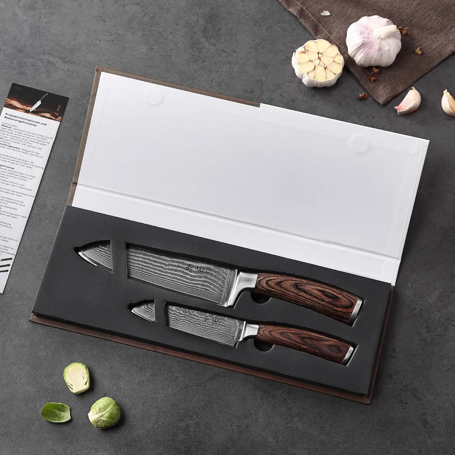 Wakoli Damascus Kitchen Knife Set, 2 Pieces Professional Santoku Knife Set made from 67 Layers of Damascus Steel with VG10 Core, Knives Set for Kitchen with Pakkawood Handles in Gift Box (EDIB 2-pcs)