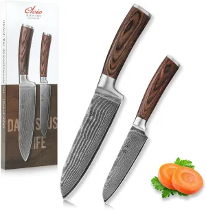 Wakoli Damascus Kitchen Knife Set, 2 Pieces Professional Santoku Knife Set made from 67 Layers of Damascus Steel with VG10 Core, Knives Set for Kitchen with Pakkawood Handles in Gift Box (EDIB 2-pcs)