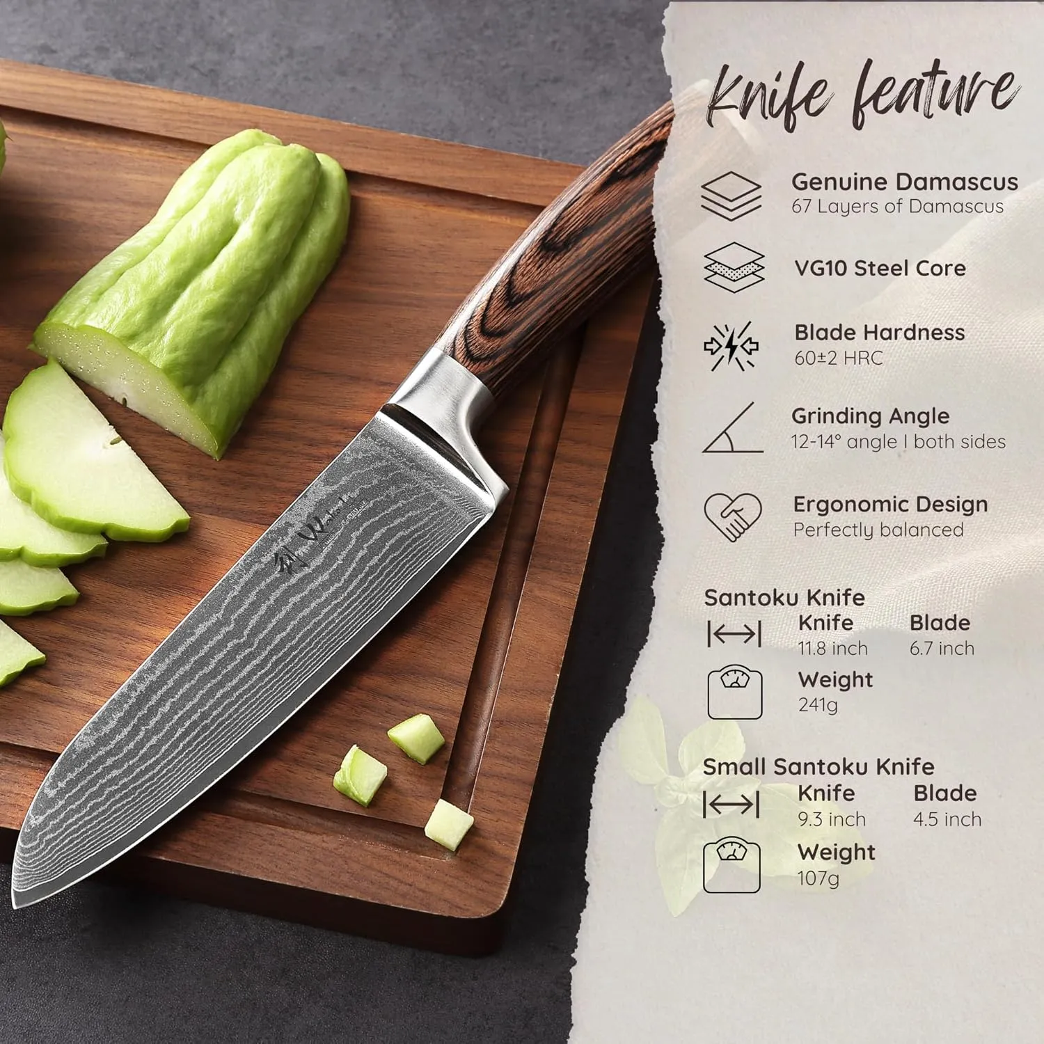 Wakoli Damascus Kitchen Knife Set, 2 Pieces Professional Santoku Knife Set made from 67 Layers of Damascus Steel with VG10 Core, Knives Set for Kitchen with Pakkawood Handles in Gift Box (EDIB 2-pcs)
