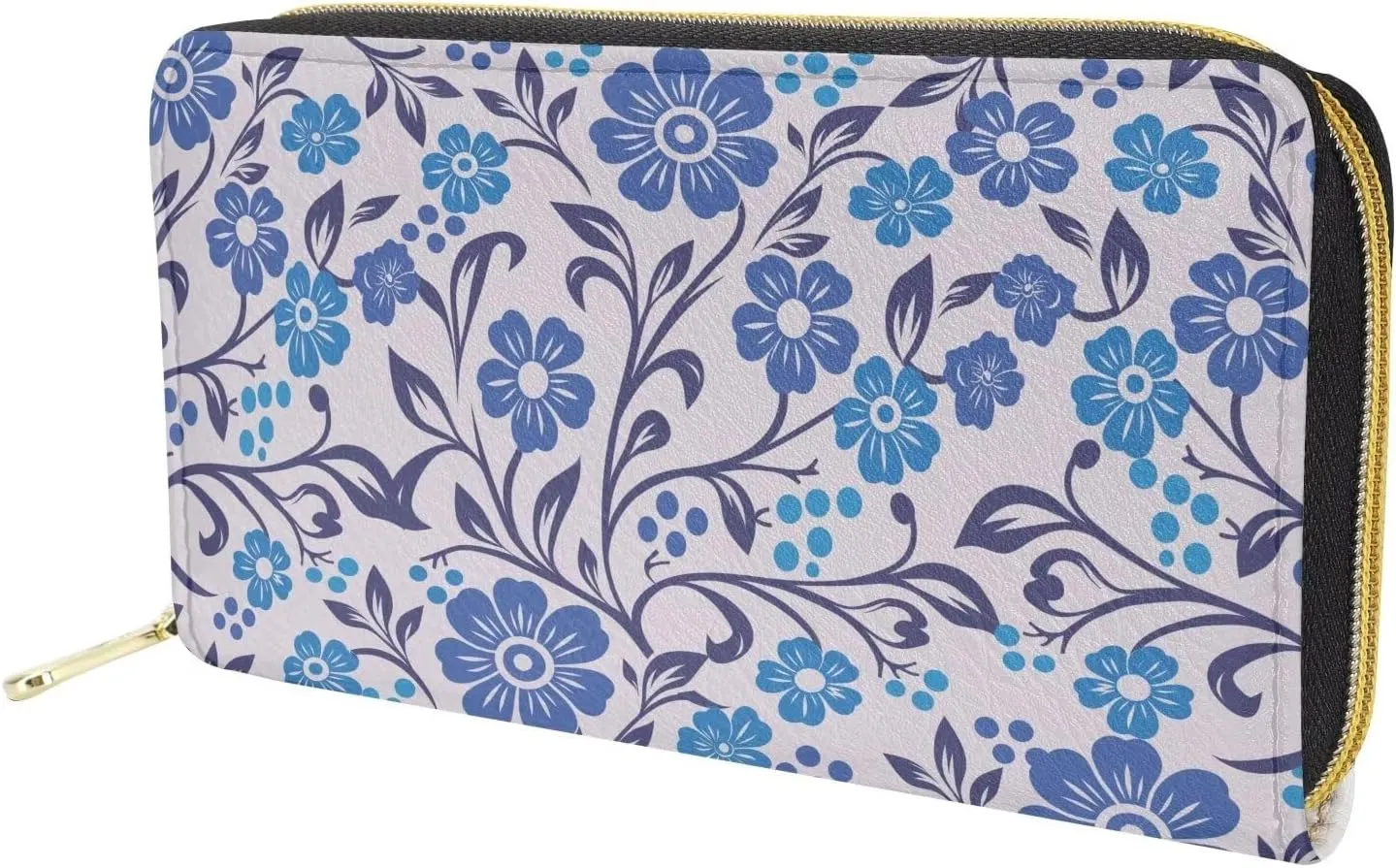 Wallet for Women Zipper Card Holder with Large Capacity Slim Money Organizer Flowering Shrubs Blue Floral Print