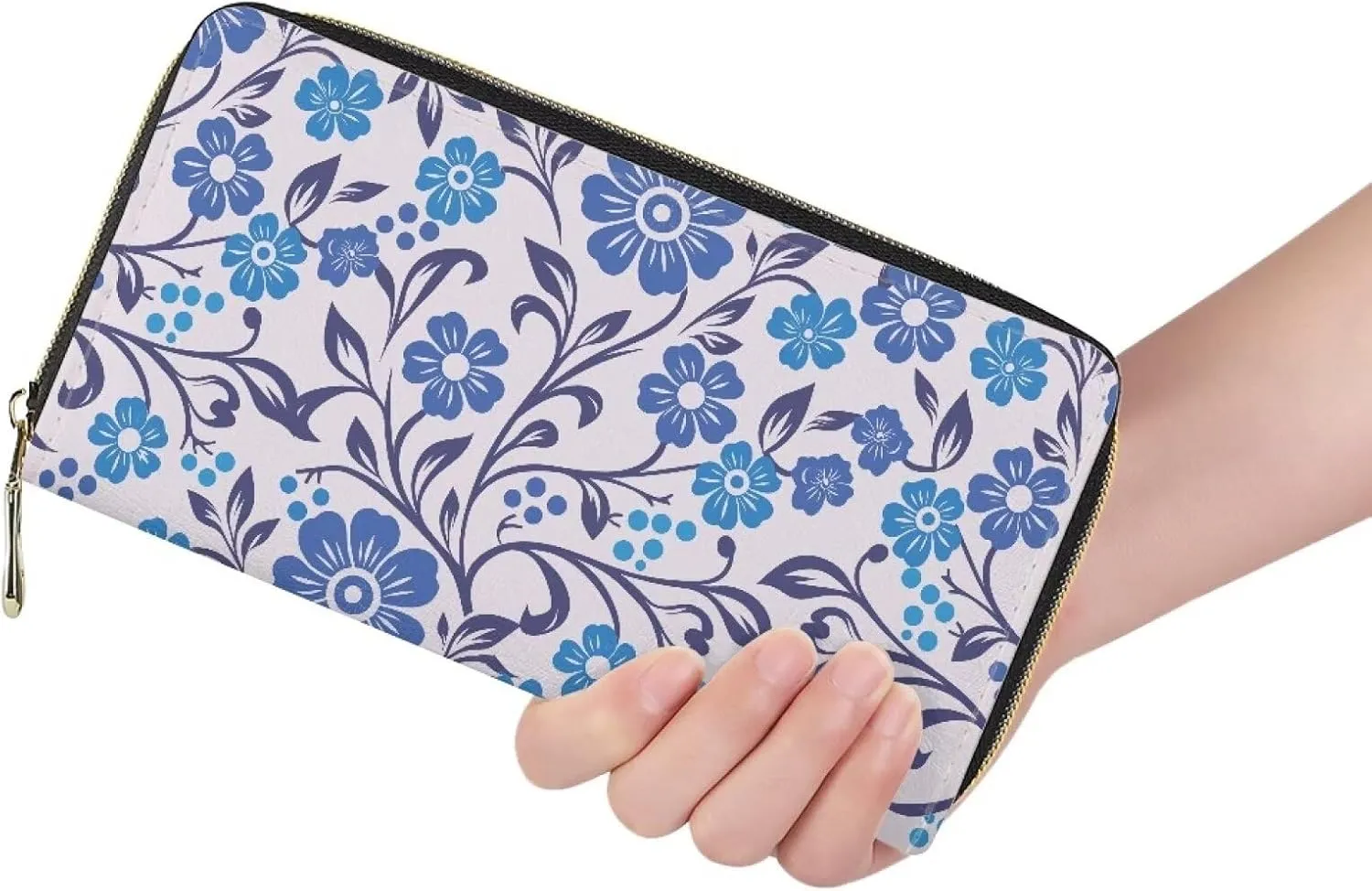 Wallet for Women Zipper Card Holder with Large Capacity Slim Money Organizer Flowering Shrubs Blue Floral Print