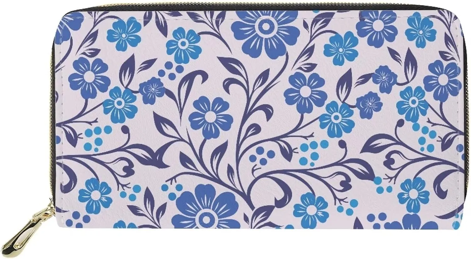Wallet for Women Zipper Card Holder with Large Capacity Slim Money Organizer Flowering Shrubs Blue Floral Print