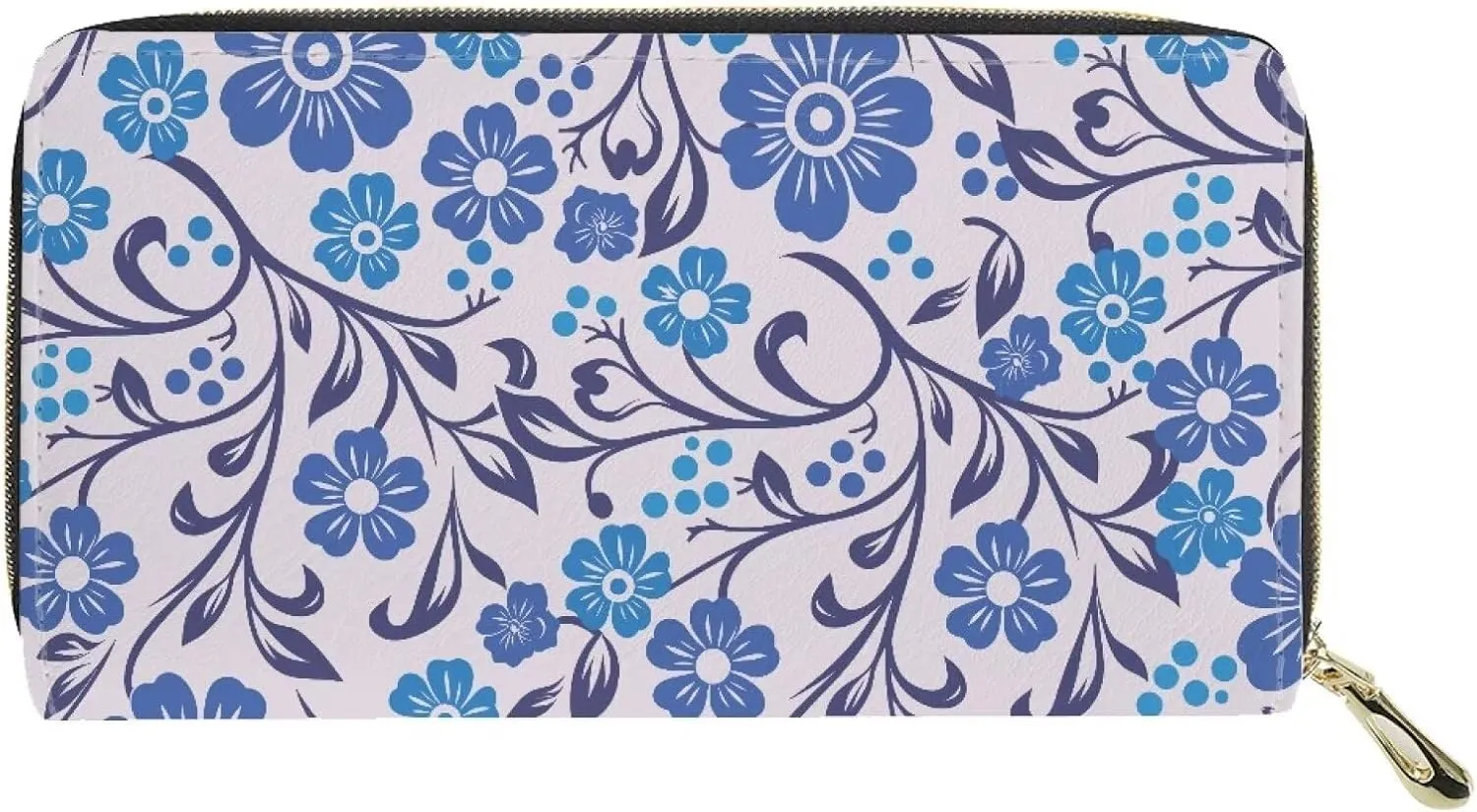 Wallet for Women Zipper Card Holder with Large Capacity Slim Money Organizer Flowering Shrubs Blue Floral Print