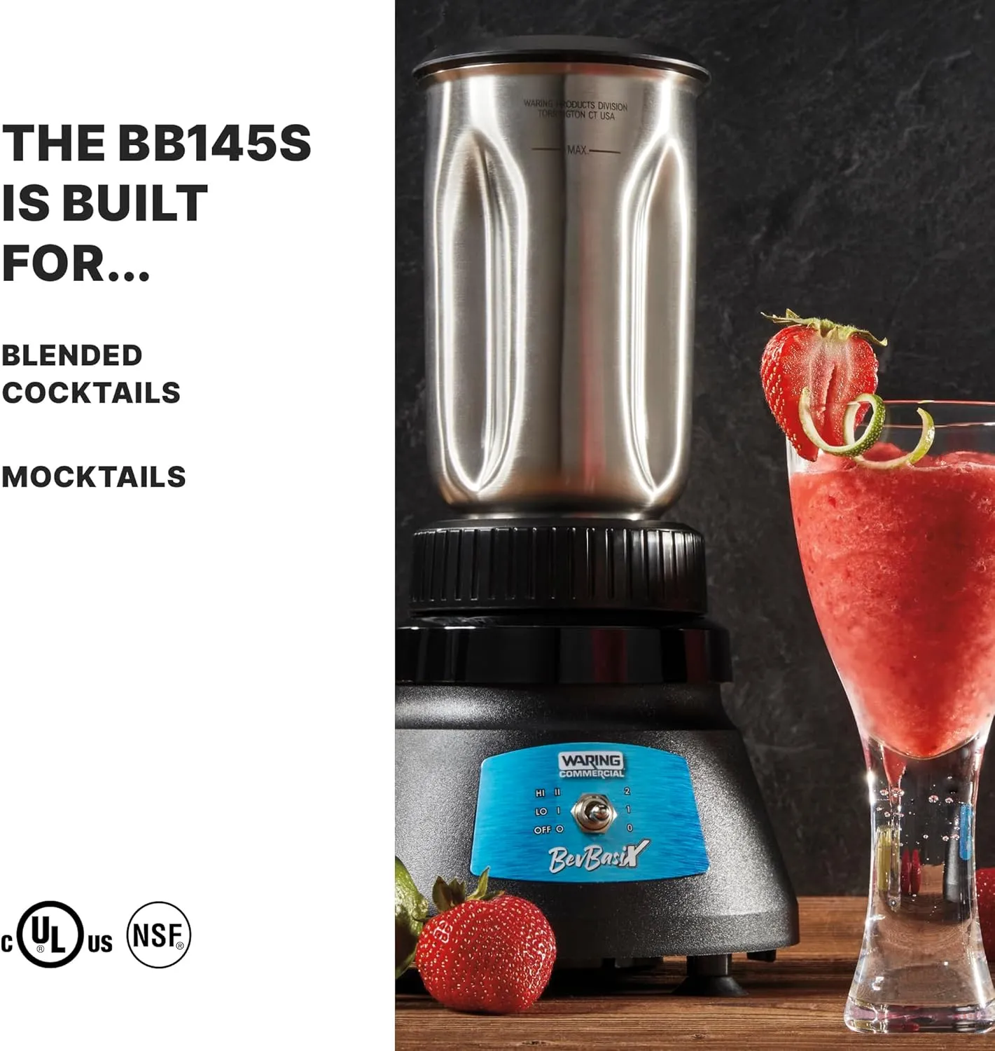 Waring Commercial Countertop Bar Blender, BevBasix™ Light Duty 1/2 HP with 32 oz Stainless Steel Container, Made in the USA, Professional Foodservice Use for Frozen Cocktail Drink, Dips, Smoothies