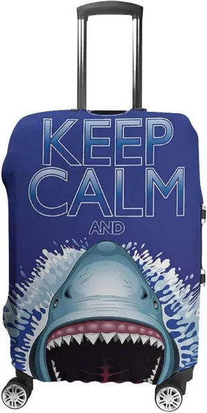 Washable Luggage Cover, Animals Luggage Cover Suitcase Protector, Keep Calm and Shark Jaws Attack Predators, Fits 26-28 Inch Luggage, Travel Summer Beach Holiday, Blue White