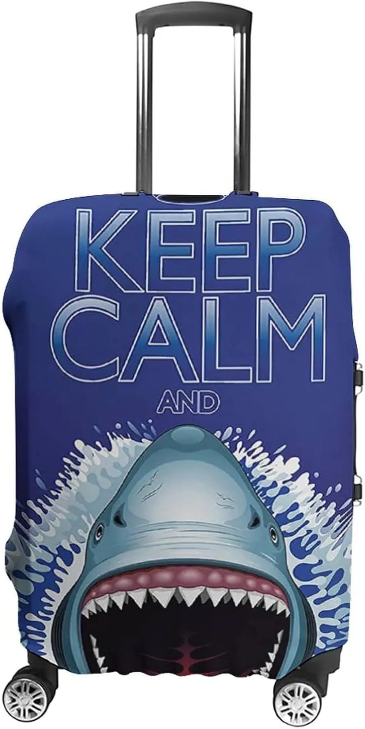 Washable Luggage Cover, Animals Luggage Cover Suitcase Protector, Keep Calm and Shark Jaws Attack Predators, Fits 26-28 Inch Luggage, Travel Summer Beach Holiday, Blue White