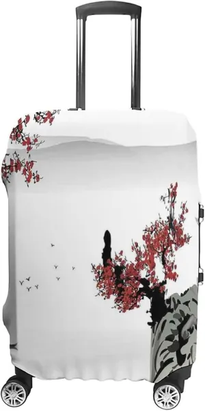 Washable Luggage Cover, Asian Decor Travel Suitcase Cover, River Scenery with Cherry Blossoms and Boat Mystical, Fits 26-28 Inch Luggage, Washable Dustproof Anti-Scratch, Grey Red