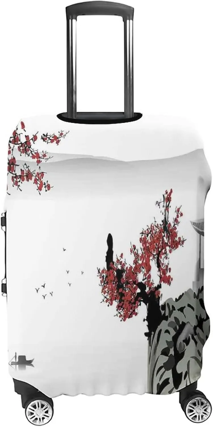 Washable Luggage Cover, Asian Decor Travel Suitcase Cover, River Scenery with Cherry Blossoms and Boat Mystical, Fits 26-28 Inch Luggage, Washable Dustproof Anti-Scratch, Grey Red
