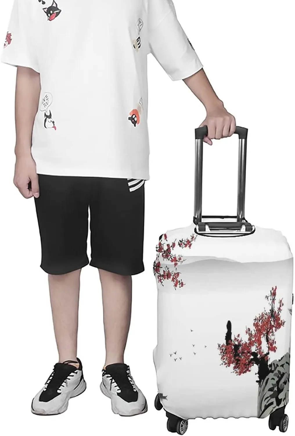 Washable Luggage Cover, Asian Decor Travel Suitcase Cover, River Scenery with Cherry Blossoms and Boat Mystical, Fits 26-28 Inch Luggage, Washable Dustproof Anti-Scratch, Grey Red