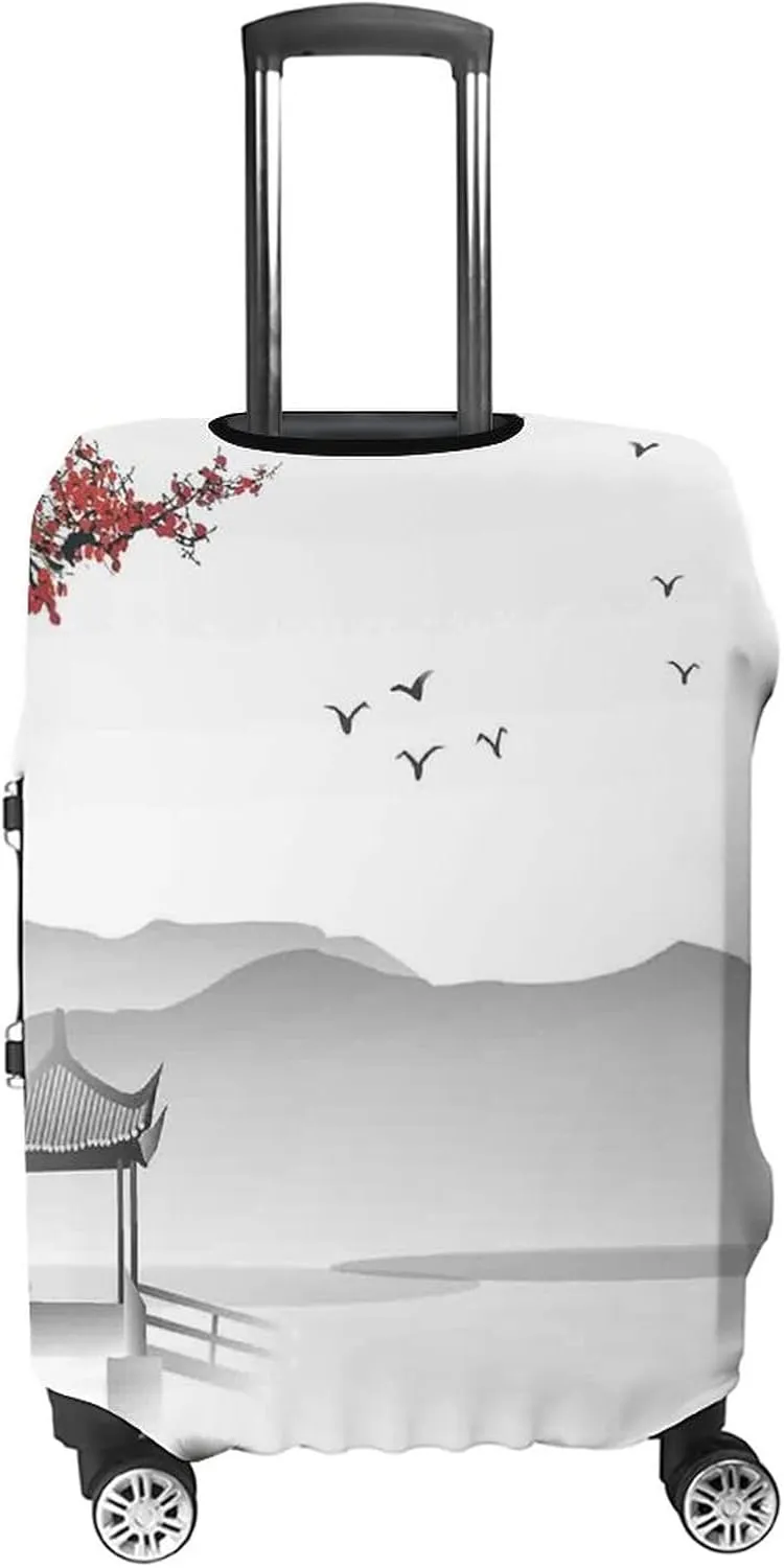 Washable Luggage Cover, Asian Travel Suitcase Cover, Japanese Style Garden Bird Small Pavilion, Fits 26-28 Inch Luggage, Washable Dustproof Anti-Scratch, Grey Pink Red