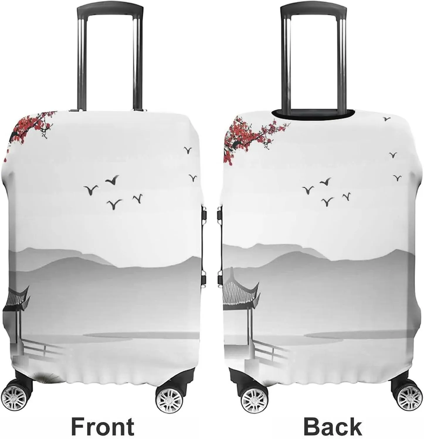Washable Luggage Cover, Asian Travel Suitcase Cover, Japanese Style Garden Bird Small Pavilion, Fits 26-28 Inch Luggage, Washable Dustproof Anti-Scratch, Grey Pink Red