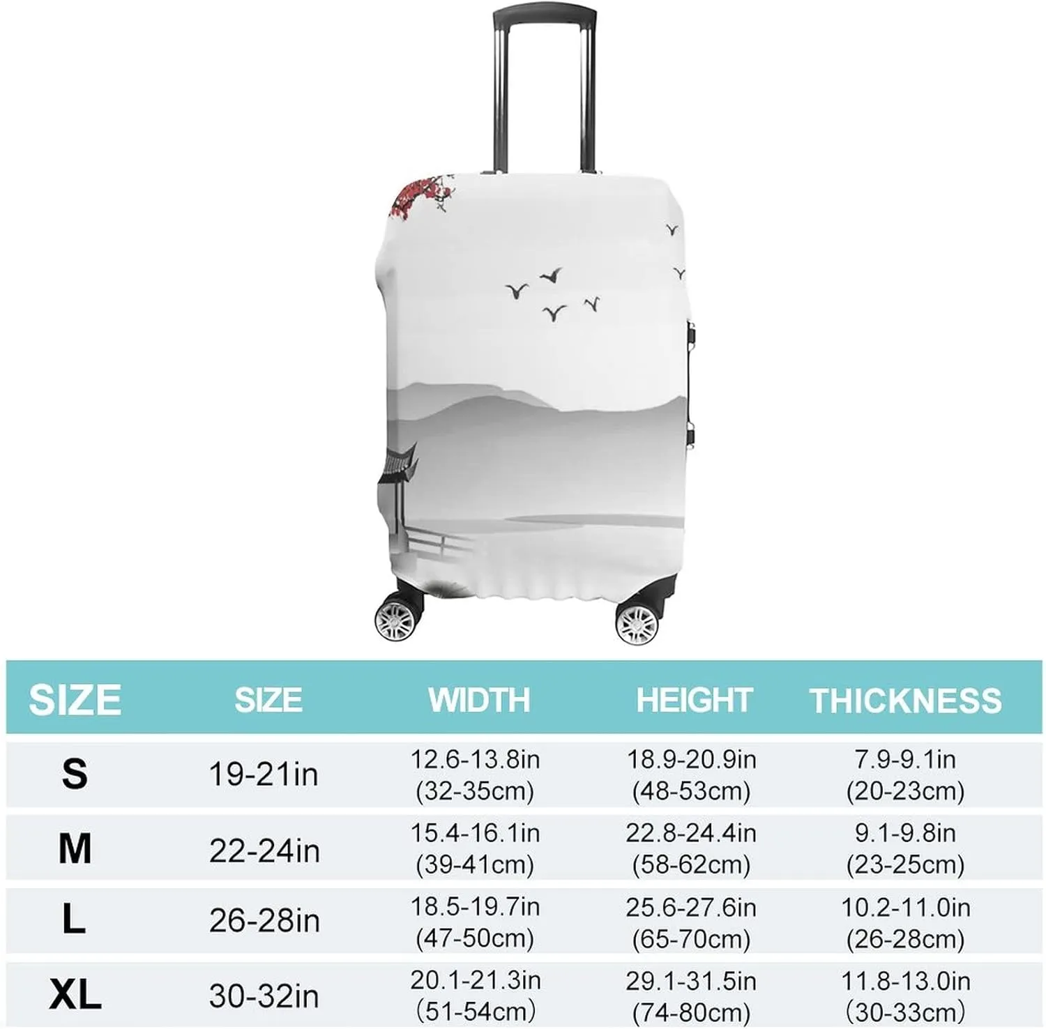 Washable Luggage Cover, Asian Travel Suitcase Cover, Japanese Style Garden Bird Small Pavilion, Fits 26-28 Inch Luggage, Washable Dustproof Anti-Scratch, Grey Pink Red