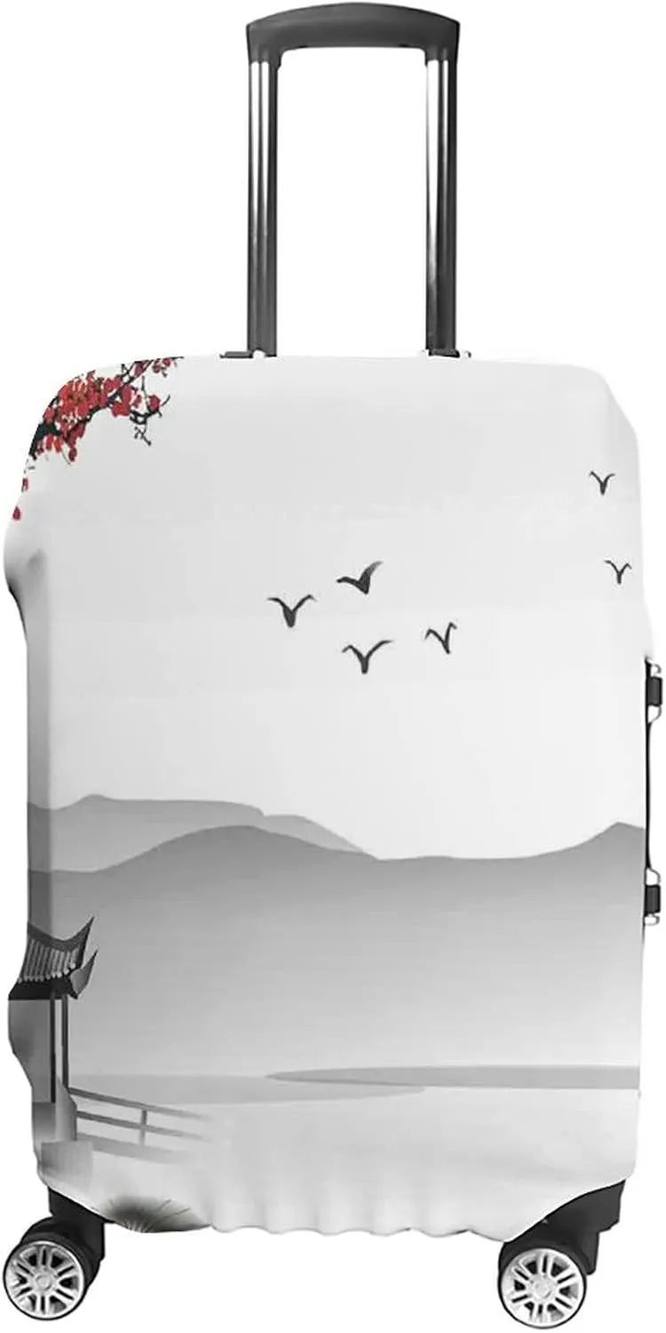 Washable Luggage Cover, Asian Travel Suitcase Cover, Japanese Style Garden Bird Small Pavilion, Fits 26-28 Inch Luggage, Washable Dustproof Anti-Scratch, Grey Pink Red
