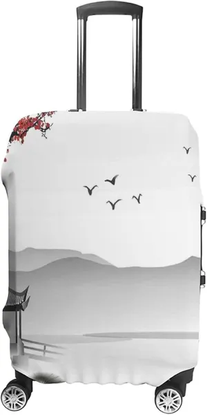Washable Luggage Cover, Asian Travel Suitcase Cover, Japanese Style Garden Bird Small Pavilion, Fits 26-28 Inch Luggage, Washable Dustproof Anti-Scratch, Grey Pink Red